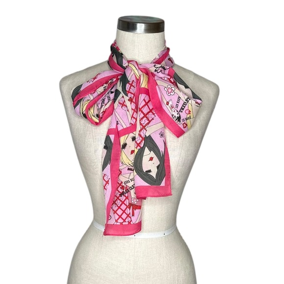 ANNA SUI Dolly Girl Pink Scarf Silk Women's Cartoon Print Fashion Scarf - Picture 2 of 7